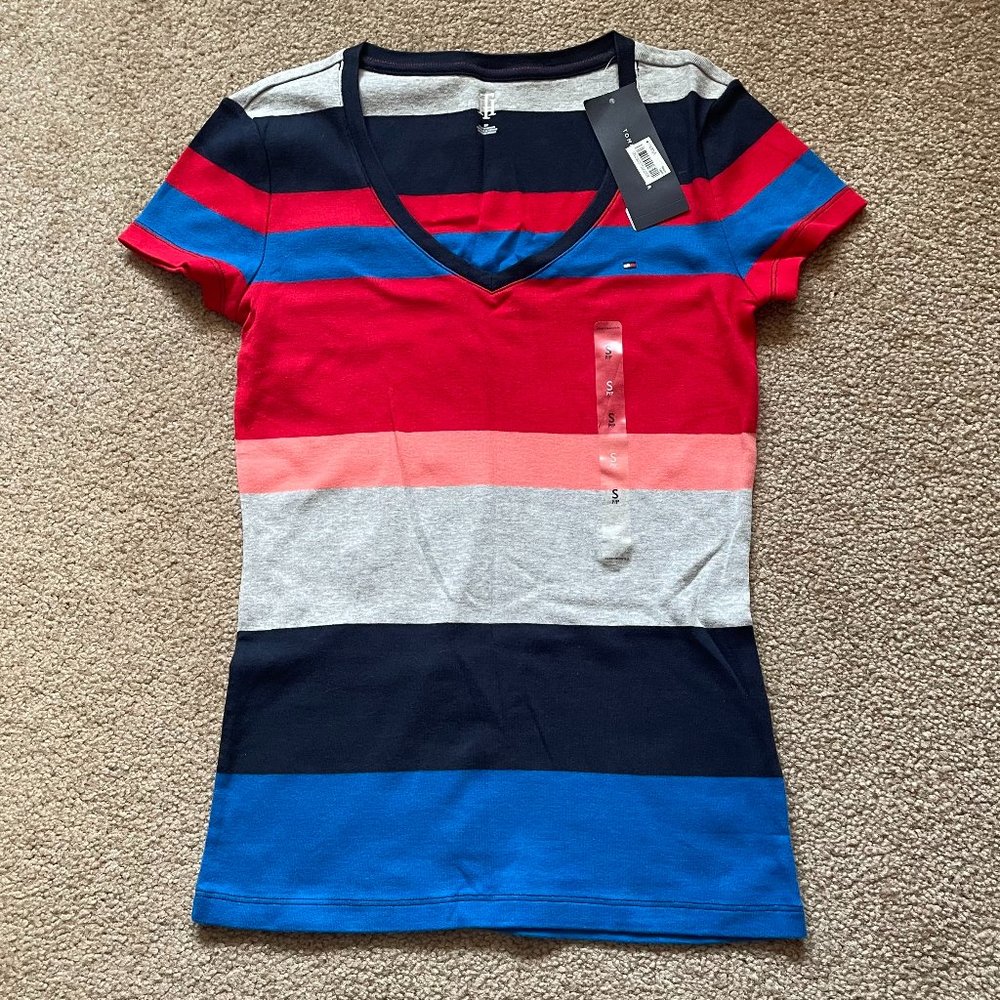Tommy Hilfiger Womens Formula One Multi Color V-Neck Tee Shirt NWT Size S/P